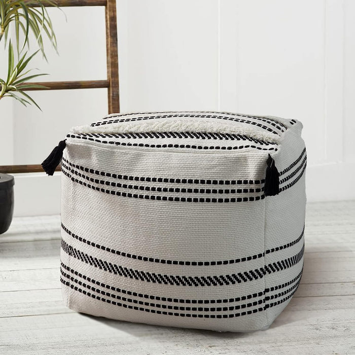 Moroccan Striped Pouf with Tassels (18X18X16)