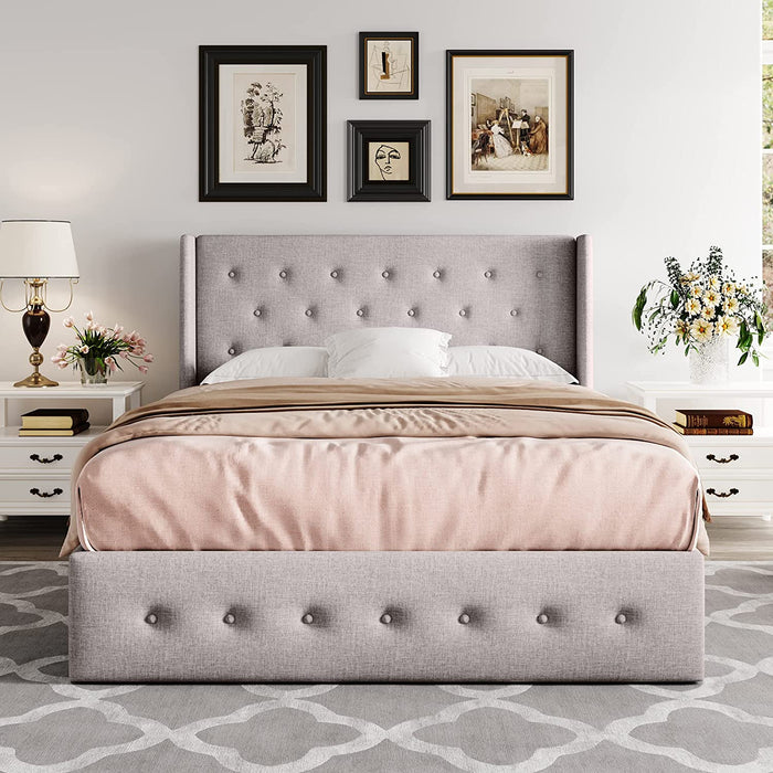 Full Platform Bed Frame with Lifting Storage, Wingback Headboard