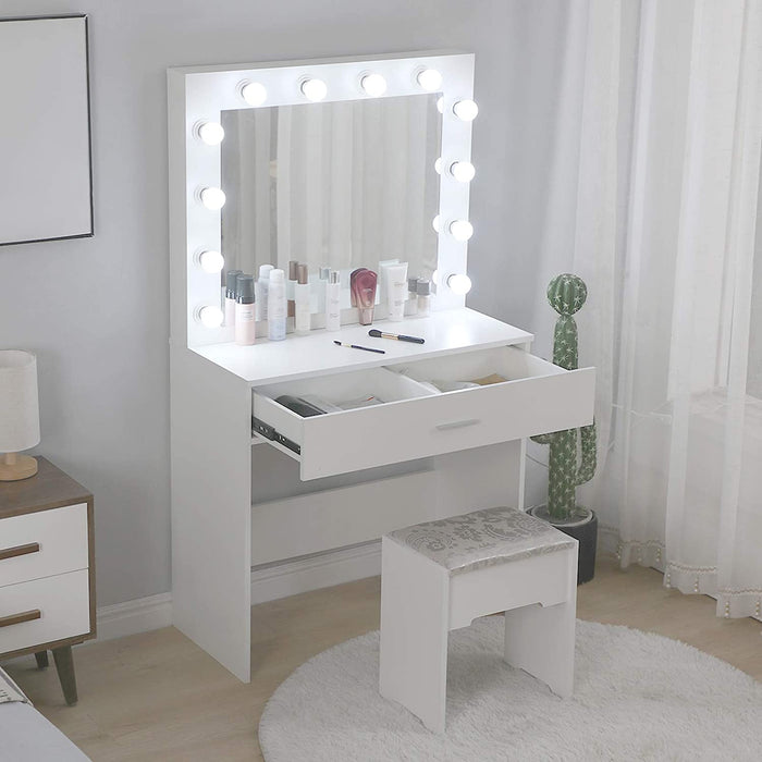 White Vanity Desk Set with Drawers and Bench