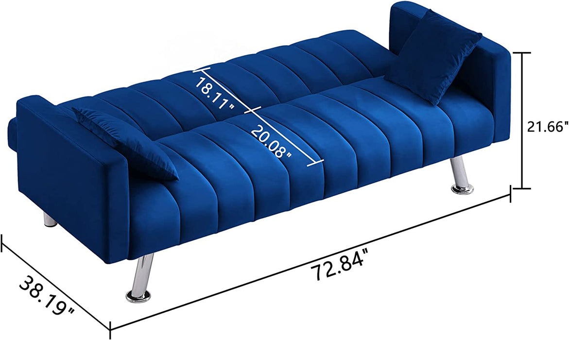 Modern Blue Velvet Sofa Bed with Pillows