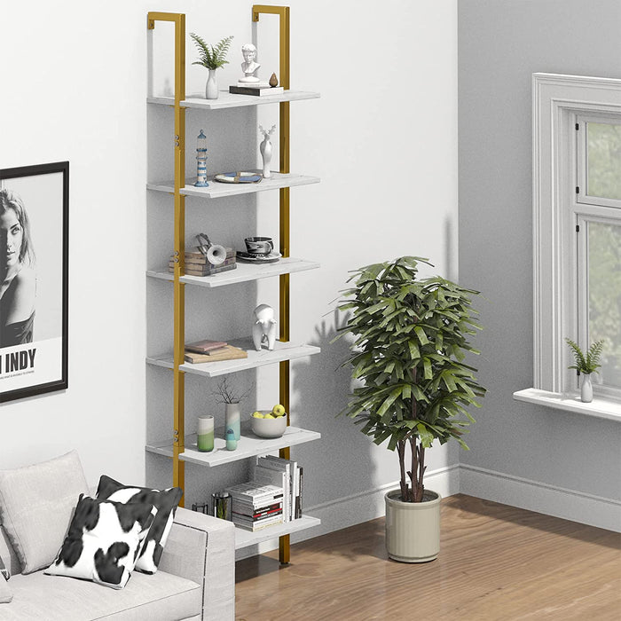 Marble White 6-Tier Ladder Shelf Bookcase