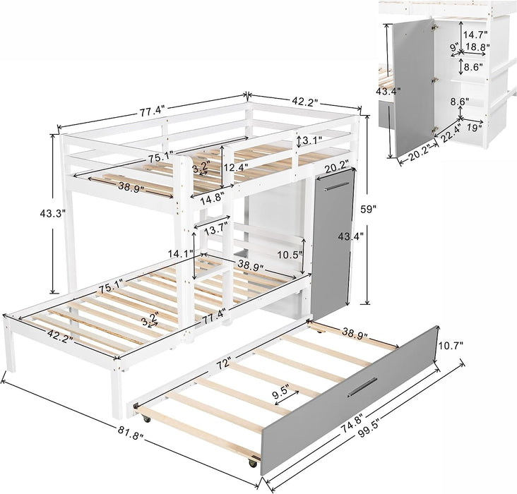 Wooden Twin Bunk Bed with Trundle and Built-In Storage Wardrobe