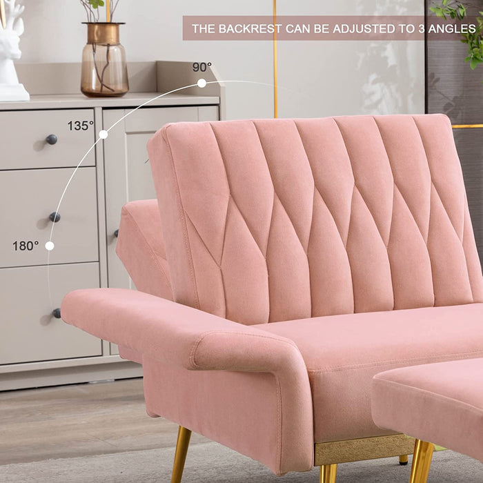 Pink Velvet Chair with Ottoman and Armrests