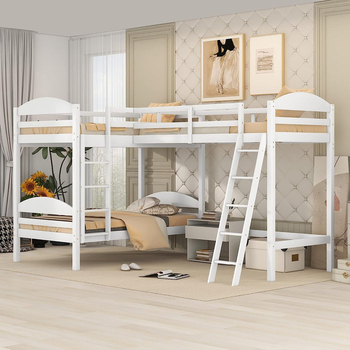 White L-Shaped Triple Bunk Bed with 2 Ladders