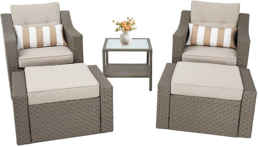 5-Piece Outdoor Patio Conversation Set Wicker Furniture Sofa Set for 2 with Table and Ottomans, Neutral Beige