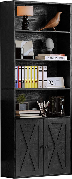 Tall Industrial Bookcase with Doors and Shelves