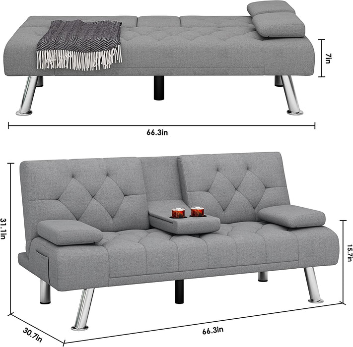Convertible Futon Sofa Bed with Cupholders, Grey