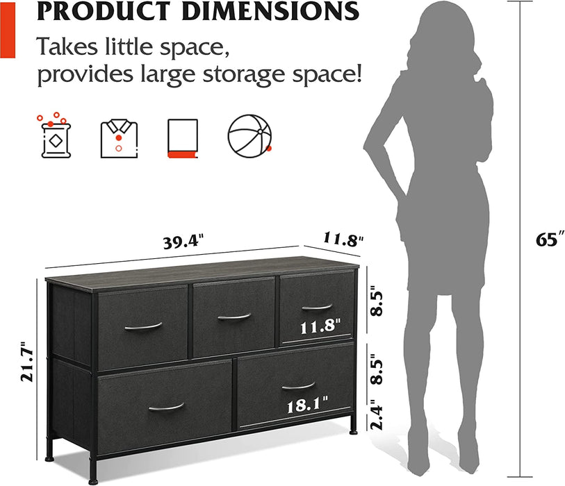 Charcoal Black Wide 5 Drawer Dresser