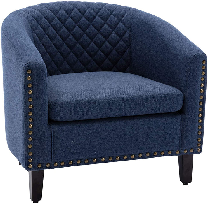 Blue Linen Barrel Chair with Nailheads and Legs