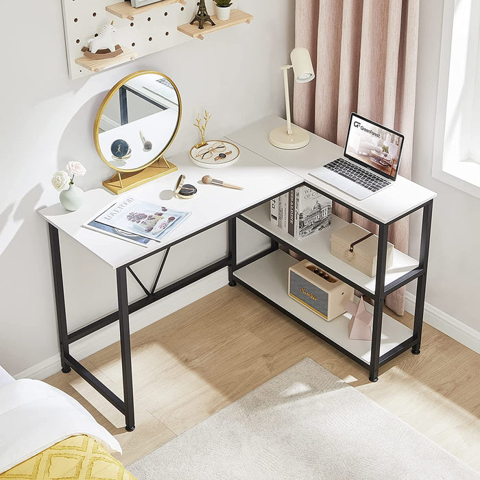 Small L-Shaped Desk with Storage Shelf, White