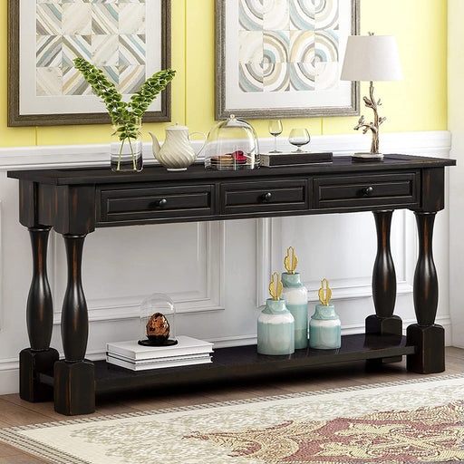 Distressed Black Console Table with Drawers and Shelf