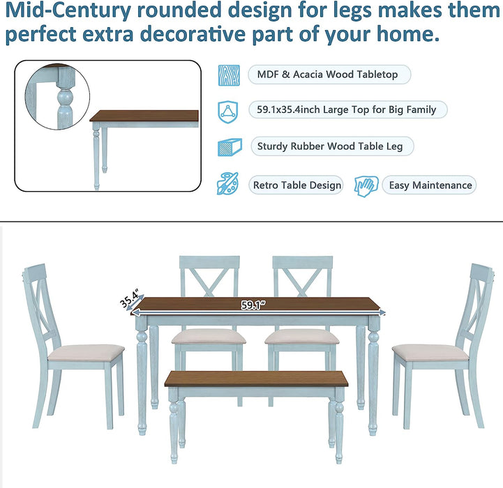 Walnut Top Dining Table Set with Bench and Chairs