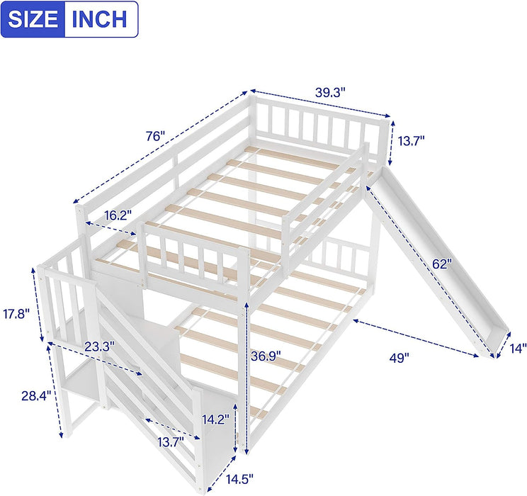 Low Bunk Bed W/ Stairs, Slide & Storage, White