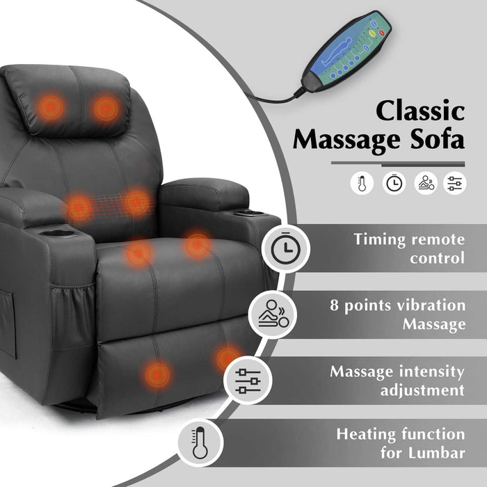 Massage Recliner Chair, Heated, PU Leather, Ergonomic, Black