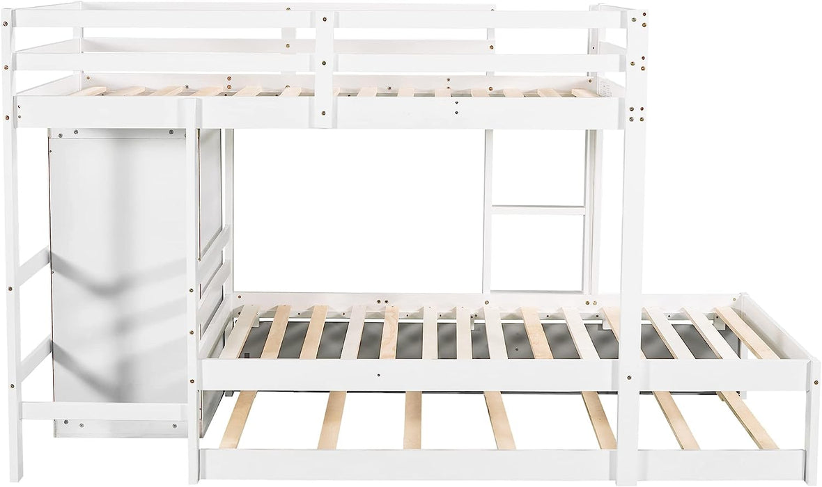 Wooden Twin Bunk Bed with Trundle and Built-In Storage Wardrobe