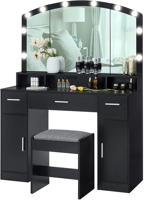 Black Vanity Table Set with Large Lighted Mirror