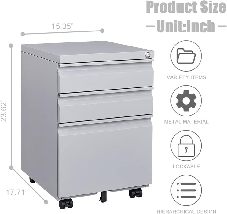 Grey Mobile File Cabinet with Lock, 3 Drawers