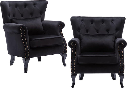 Black Velvet Wingback Chairs with Pillows (Set of 2)
