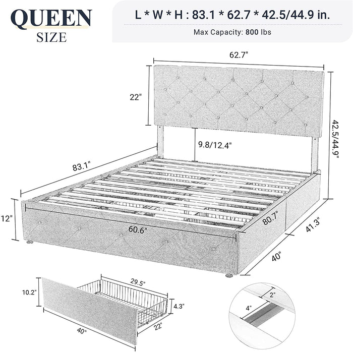 Diamond Stitched Queen Platform Bed, 4 Storage Drawers