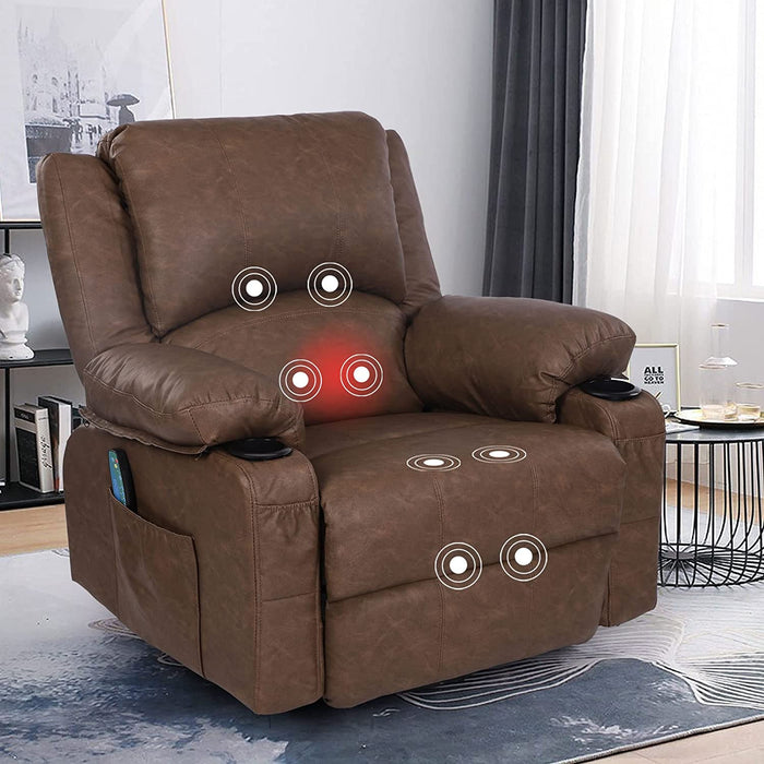 Leather Rocker Recliner Chair with Massage, Swivel, Drink Holders, Mocha