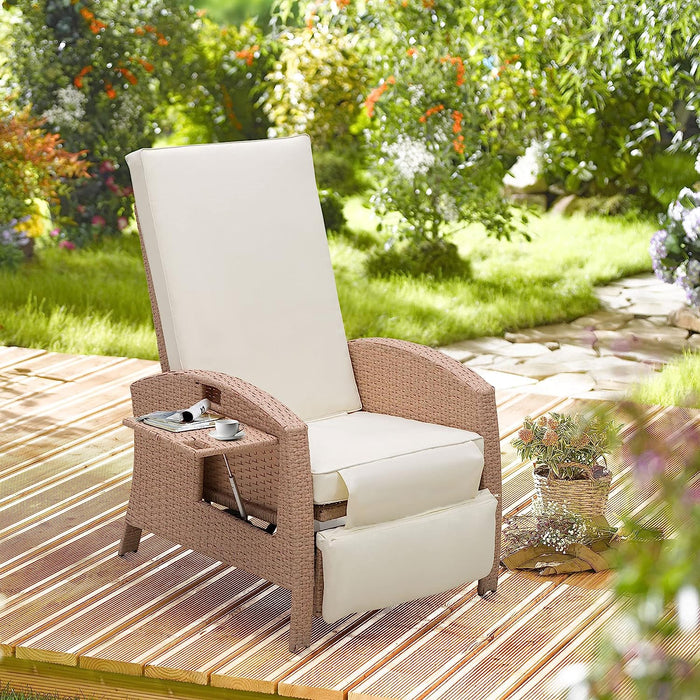 Beige PE Rattan Outdoor Recliner with Cushion