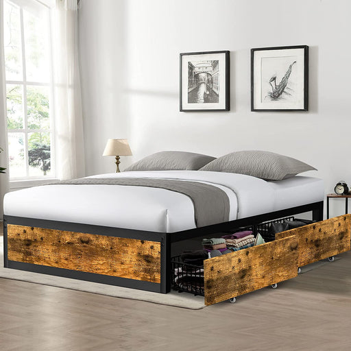 Vintage Brown Industrial Metal Queen Platform Bed Frame W/ Footboard and XL Storage Drawers