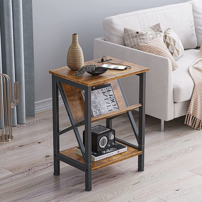 Fir Brown Oxford End Table with Dual USB Charging Ports