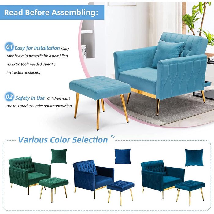 Adjustable Velvet Armchair with Ottoman, Baby Blue