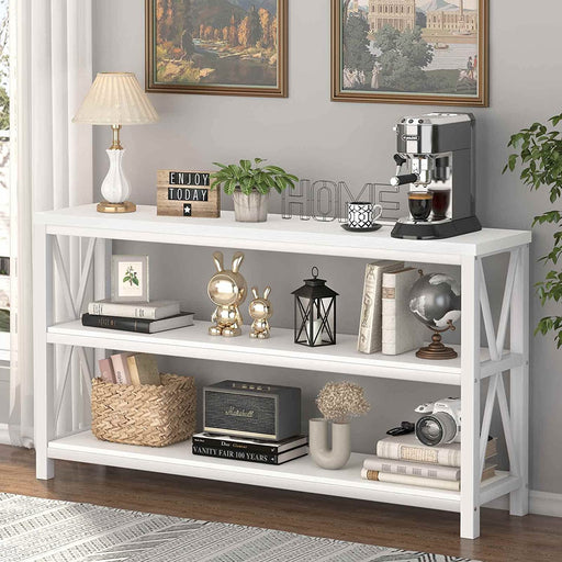 Rustic White Oak Console Table with Shelves