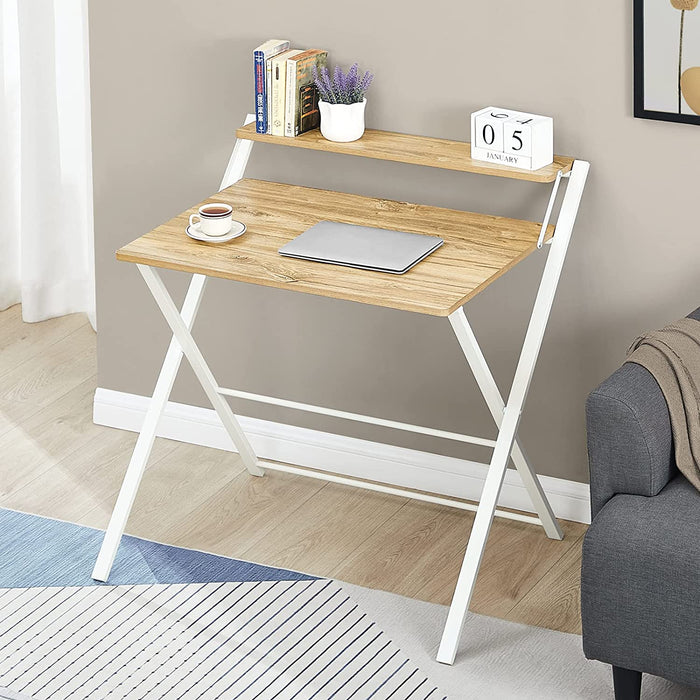 Foldable Oak Desk with Shelf for Small Spaces