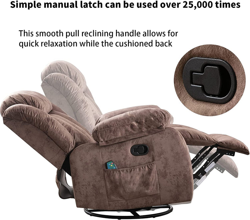 Massage Swivel Rocker Recliner Chair with Heat and Vibration, 360 Degree Swivel Manual Recliners Antiskid Fabric Single Sofa Heavy Duty Reclining Chair for Living Room, Dark Brown