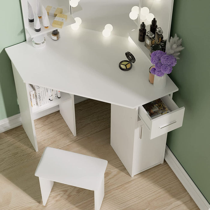 Cozy Castle Oak Vanity Desk with Mirror and Lights, Small Vanity Table for  Bedroom, Makeup Desk with Storage Cabinet 