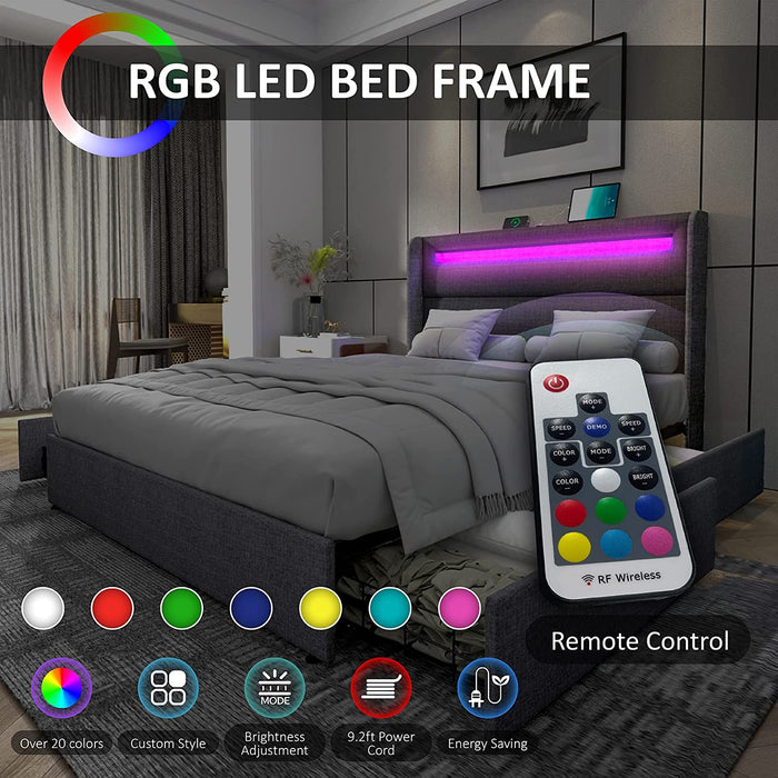 Queen Bed Frame with LED Lights and Storage