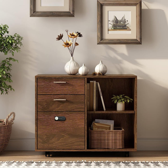 Brown 3-Drawer File Cabinet with Lock