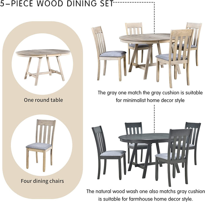 5-Piece Farmhouse Wooden round Extendable Dining Table Set