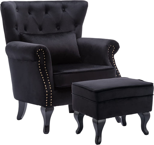 Black Velvet Wingback Chair with Ottoman Set