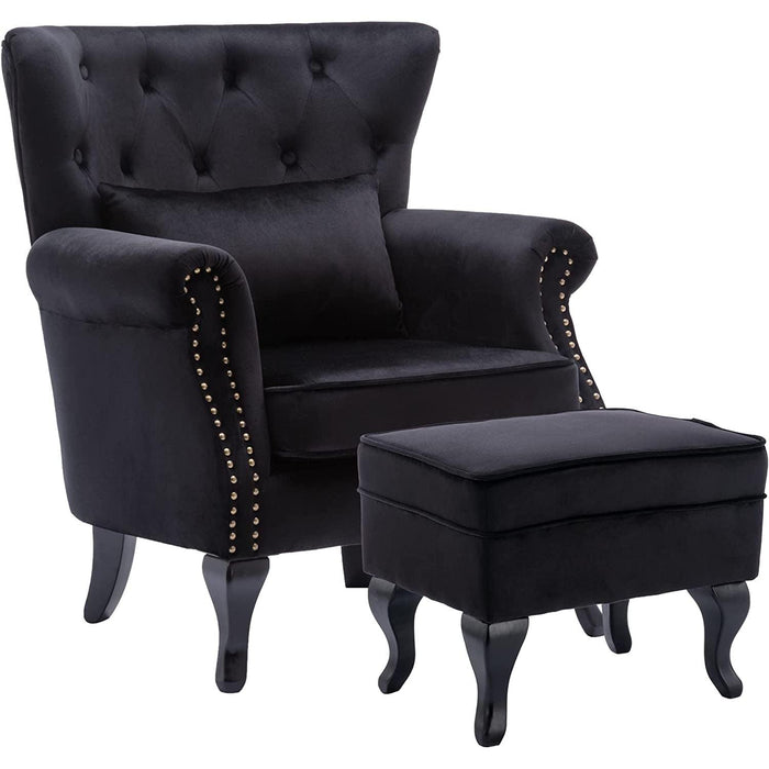 Black Velvet Wingback Chair with Ottoman Set