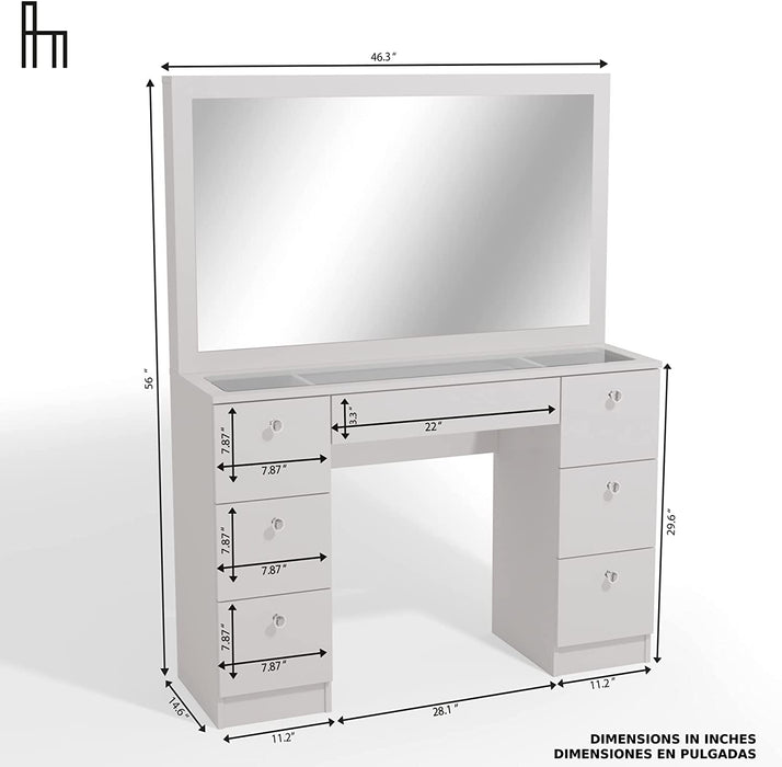 White Makeup Vanity Desk with Hollywood Mirror and Drawers