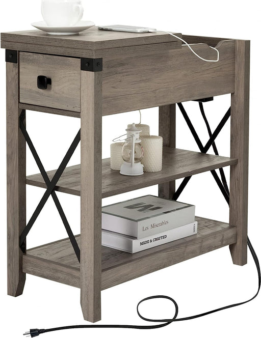 Farmhouse Slim Side Table with Charging Station