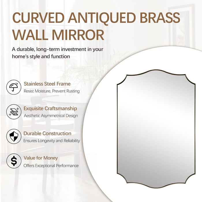 Bathroom Vanity Mirror, 24X36 Irregular Wall Mirror, Gold Antique Mirror for Bathroom, Scalloped Mirror, Asymmetrical Mirror in Stainless Steel Metal Frame Wall Mount Horizontal or Vertical