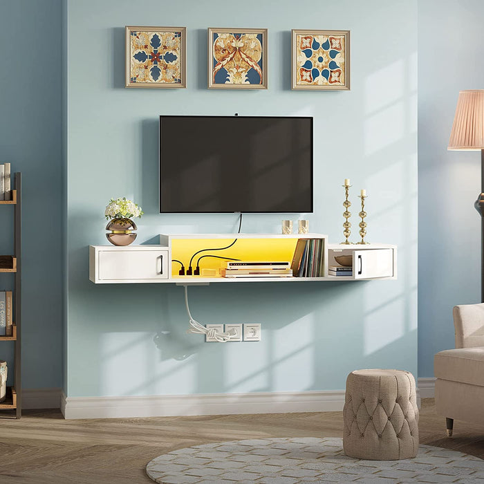 White Floating TV Stand with LED Light and Power Outlet