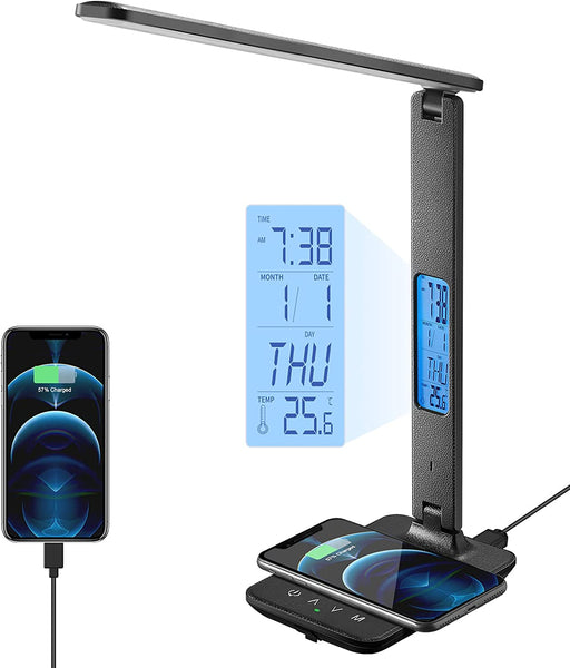 LED Desk Lamp with Wireless Charger and Clock