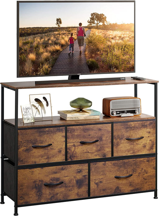 Rustic Brown TV Stand with Fabric Drawers