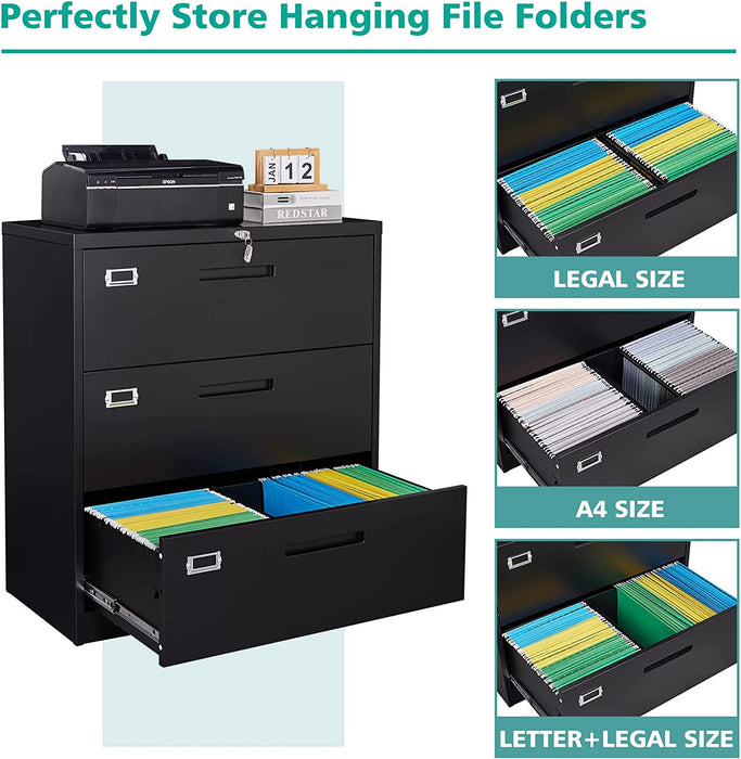Lockable 3-Drawer Metal File Cabinet with Deep Drawers