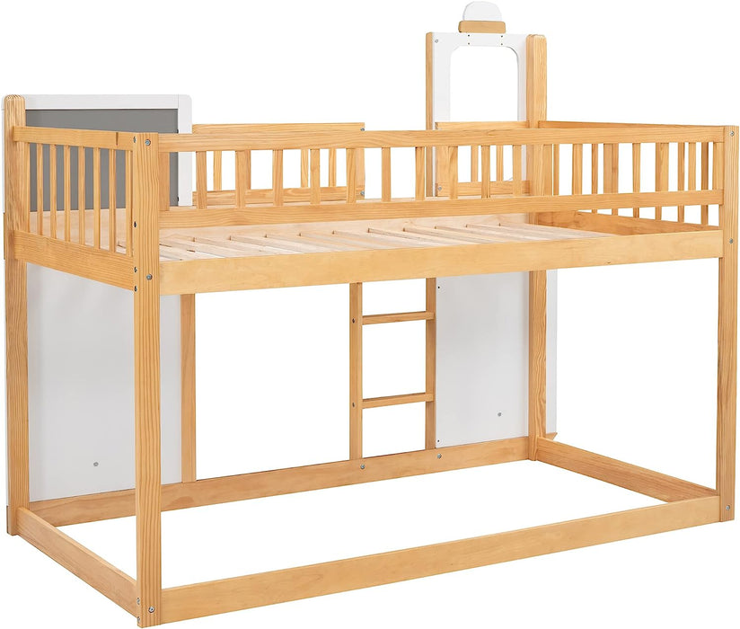 Train Shape Low Bunk Bed Twin over Twin, Wooden, Nature