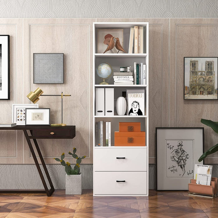 White 4-Tier Bookcase with Drawers and Anti-Tipping Kits