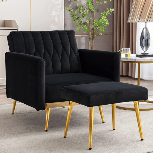 Black Velvet Lounge Chair with Ottoman, Adjustable Armrests