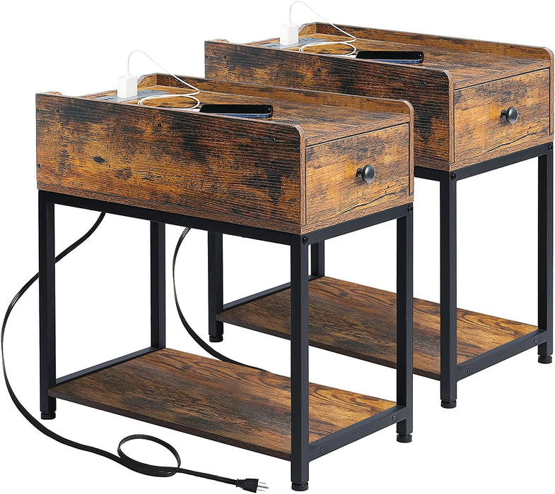 Rustic Narrow End Table Set of 2 with Charging Station