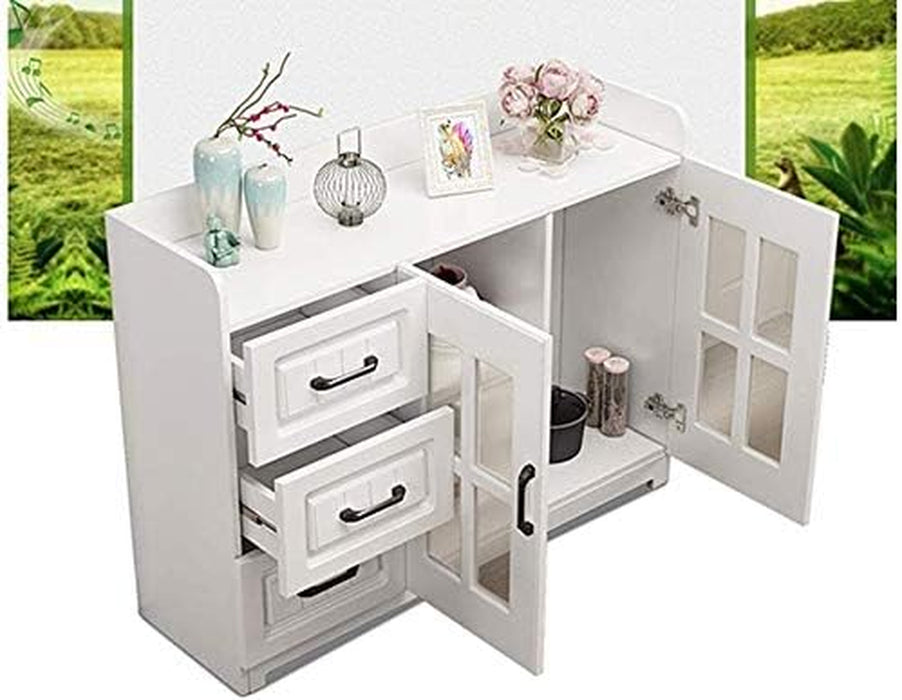 White Console Entryway Table with Storage Cabinets and Drawers