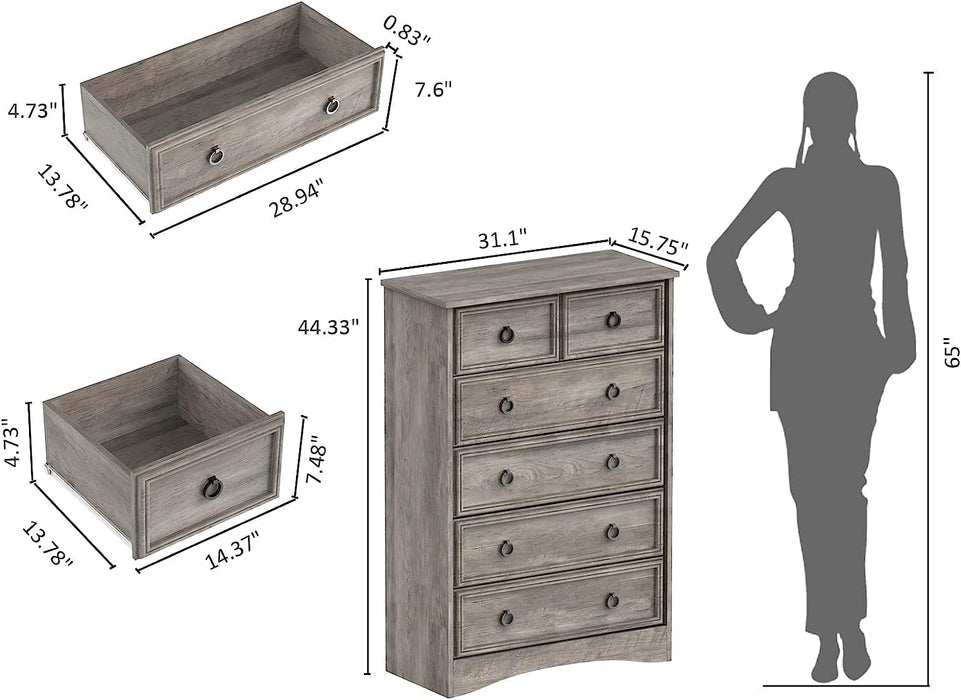 Gray Wash Tall Dresser with 6 Drawers for Bedroom Storage